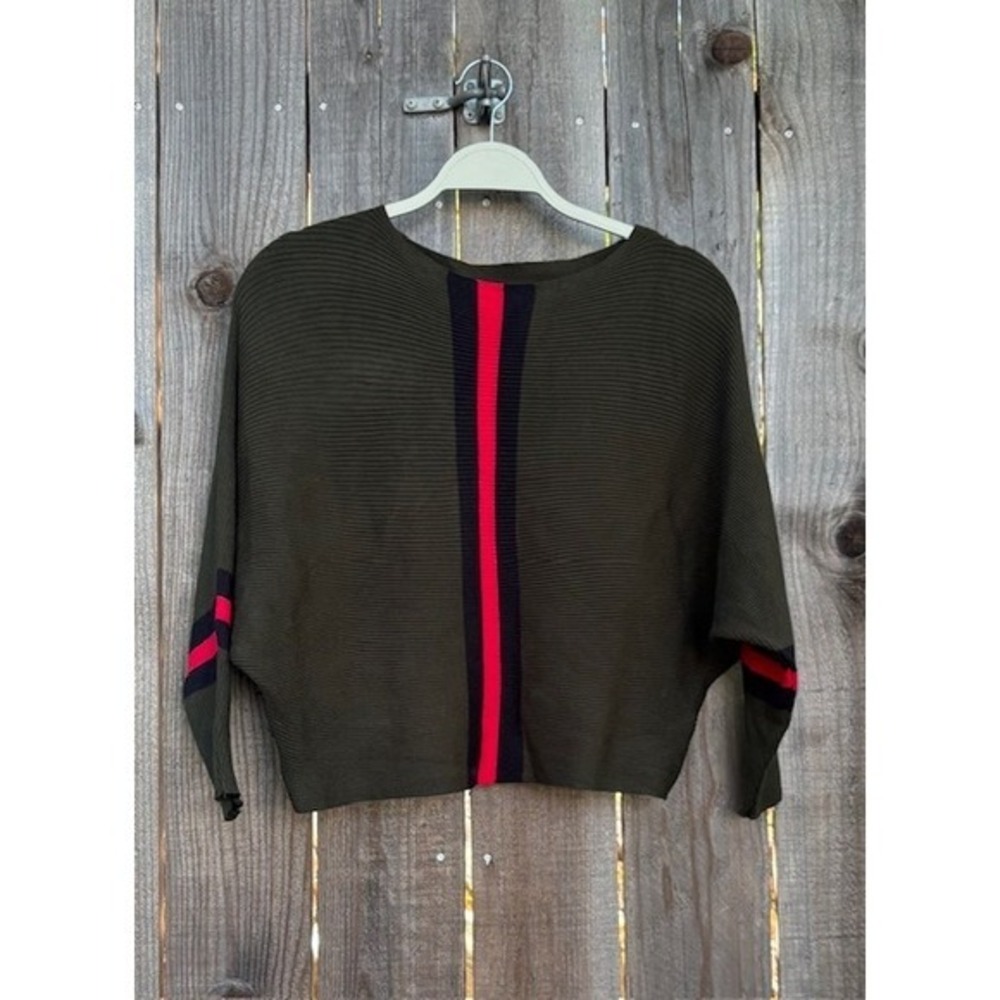 One‎ Size Olive Green Dolman Sleeve Sweater Red Black Stripe Detail Cropped